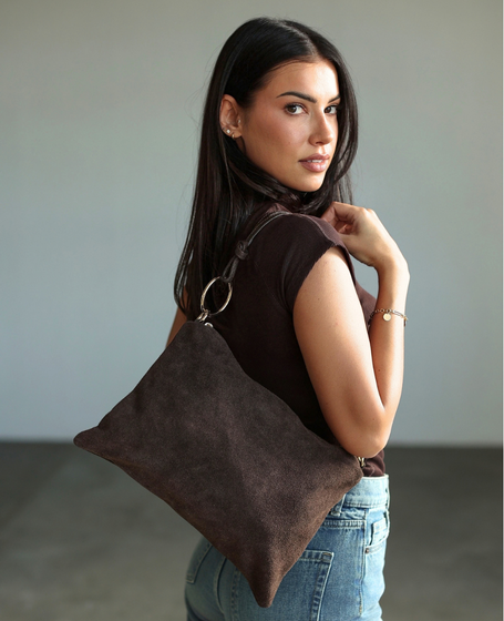 Honaria XL Czekolada - skórzana listonoszka zamszowa